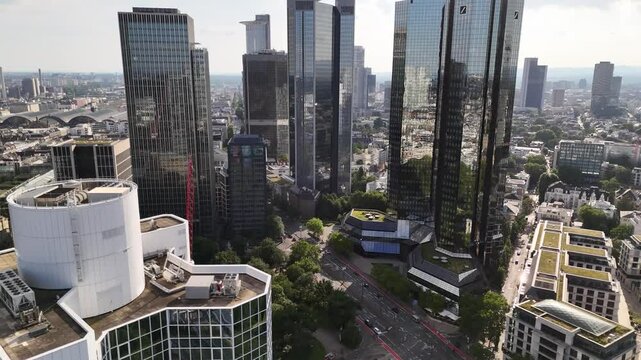 Aerial view of banking district in Frankfurt, Germany
