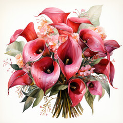 Watercolor bouquet of pink Calla lilyflowers isolated on a white background.