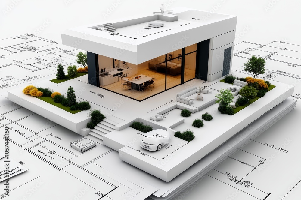 Aufkleber 2D illustration of a simple blueprint on a white background, showing the layout of a modern kitchen with clean lines and labeled sections, symbolizing simplicity and clarity