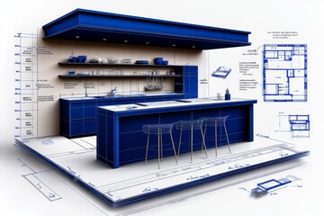 2D illustration of a simple blueprint on a white background, showing the layout of a modern kitchen with clean lines and labeled sections, symbolizing simplicity and clarity