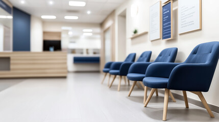 Modern waiting area with blue chairs and wooden floor in a bright, well-lit interior space featuring a reception desk.