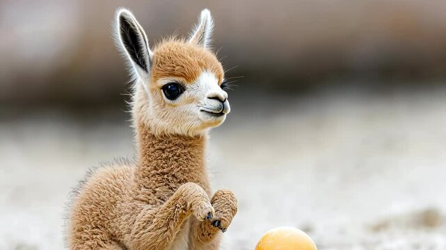 Cute Baby Alpaca Playing with a Ball