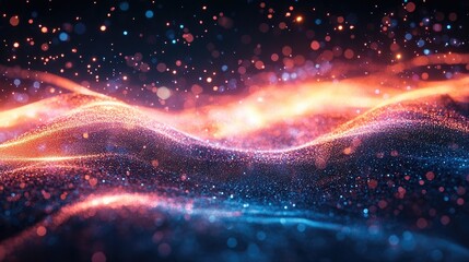 Obraz premium Abstract background filled with particles and an intense fiery glow, creating a dynamic visual effect. This abstract background offers ample copy space for various creative uses.