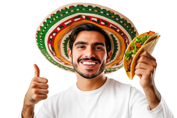 Happy Mexican man wearing sombrero giving thumbs up with taco in hand.