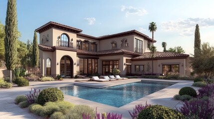 Obraz premium Luxury five-bedroom house in Litchfield Park, Arizona; stunning desert architecture with large windows and beautiful landscaping. -
