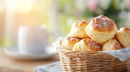 Delight in every bite freshly baked scones in a cozy basket embracing warm tones and comfort