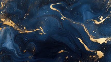 Navy blue liquid swirls blended with gold powder creating a luxurious wallpaper design