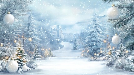 A festive banner featuring a snowy backdrop beautifully bordered by coordinating white holiday decorations evokes a peaceful winter wonderland atmosphere
