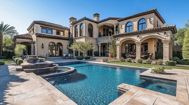 Luxury five-bedroom house in Litchfield Park, Arizona; stunning desert architecture with large windows and beautiful landscaping. -