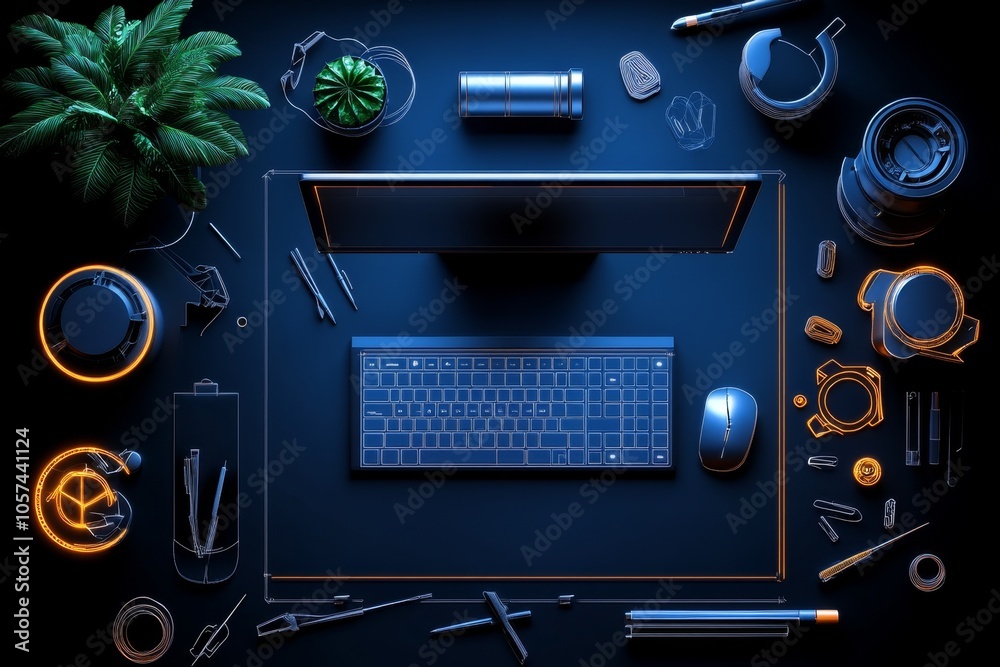 Poster a blueprint layout for a home office with ergonomic furniture design, computer setup, and lighting d