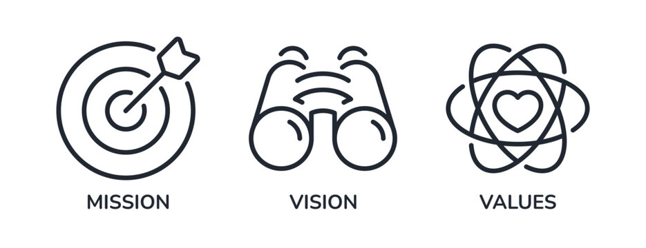 Vision, mission and values editable stroke outline icons set isolated on white background flat vector illustration. Pixel perfect. 64 x 64.