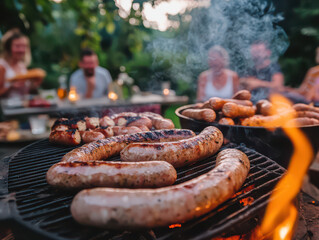 Close-up of sausages grilling on a barbecue with friends enjoying a summer evening in the background.