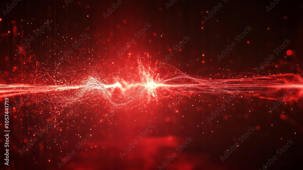 Poster Abstract representation of energy waves with glowing particles in a dark background.