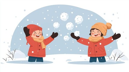 Fototapeta premium Kids playing with snowballs in a snowy park, bright winter clothes, joyful expressions, flying snowflakes