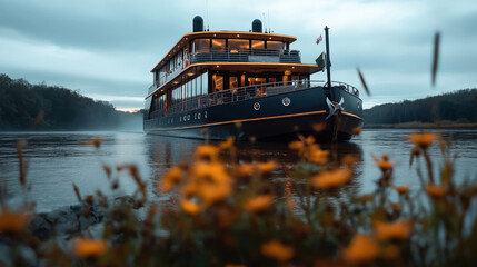 Large cruise ship with multiple decks on a river at dusk, surrounded by serene landscape and flowers in the foreground, creating a calm and scenic atmosphere.