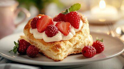 Indulge in a heartshaped berry scone a romantic dessert experience bathed in soft light