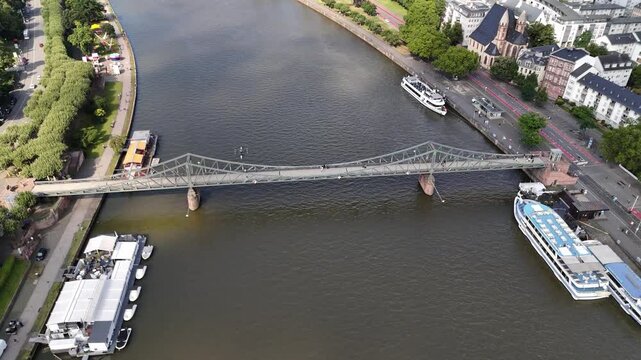 Aerial view of Iron Footbridge (Eiserner Steg) in Frankfurt, Germany