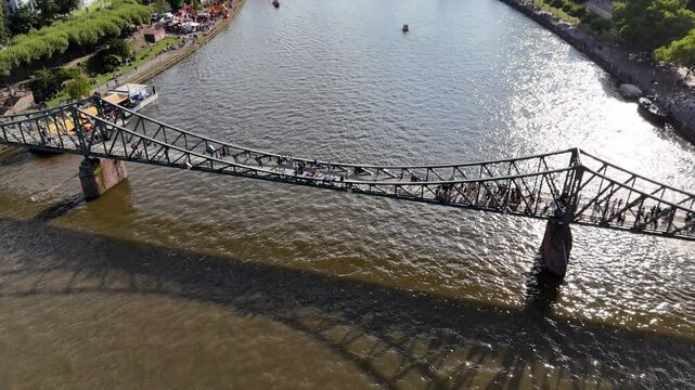 Drone shot of Iron Footbridge (Eiserner Steg) in Frankfurt, Germany