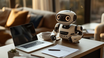 A small humanoid robot with glowing eyes is sitting at a wooden desk. In front of it is a laptop, a cup of coffee, and some documents. The room is softly lit and features comfortable seating.