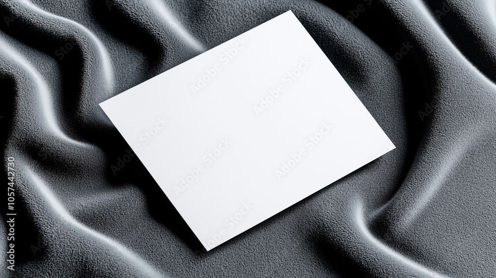 Wall mural blank white rectangular paper card on textured dark fabric with folds and shadows creating a minimal