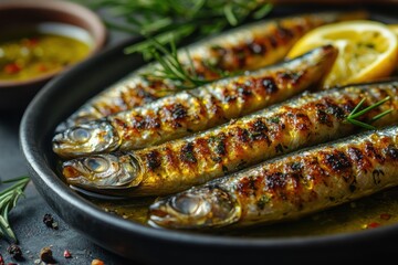 Grilled fish served on a plate with lemon and herbs, showcasing a delicious meal.