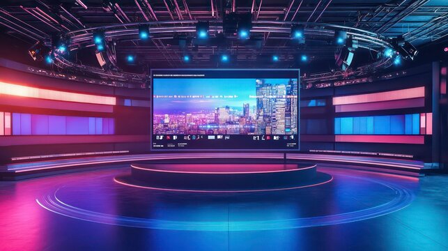 A modern news studio with advanced lighting and a large screen displaying a cityscape.