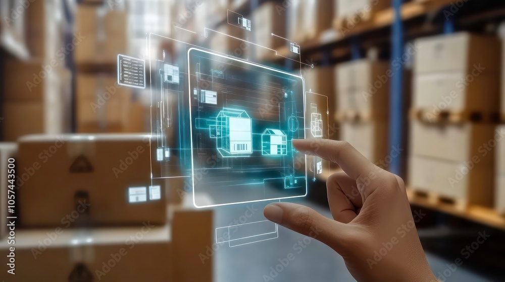 Poster A hand interacts with a digital interface displaying warehouse inventory in a storage environment.