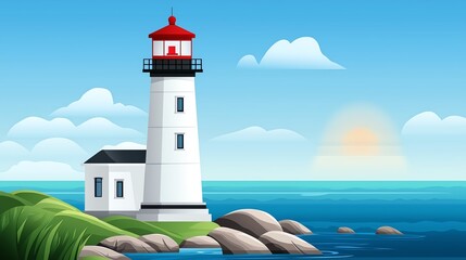 A colorful lighthouse by the ocean, surrounded by rocks and greenery, under a bright sky with clouds and a rising sun.