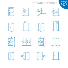 Vector line set of icons related with open door. Contains monochrome icons like door, exit, doorway, entry and more. Simple outline sign. Editable stroke.