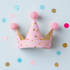 Pink party crown with pom poms on a pastel background, ideal for celebrations.