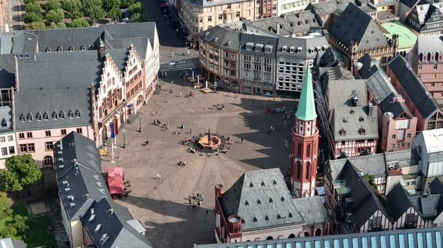 Drone view of Romerberg square in Frankfurt, Germany