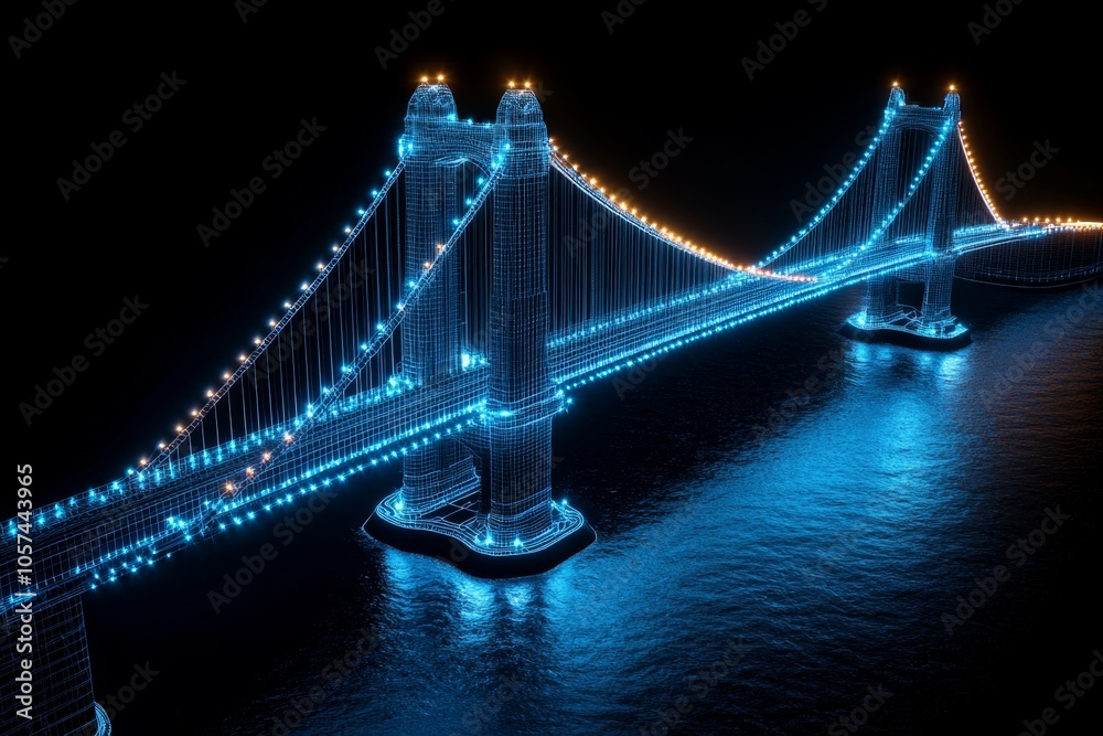 Poster A realistic blueprint of a large suspension bridge showing the intricate network of cables, foundations, and support structures, highlighting the engineering precision in civil engineering,