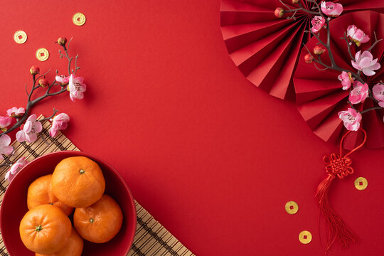 Festive Chinese new year red background featuring tangerines in a bowl, cherry blossoms, gold coins, and paper fan decorations arranged elegantly