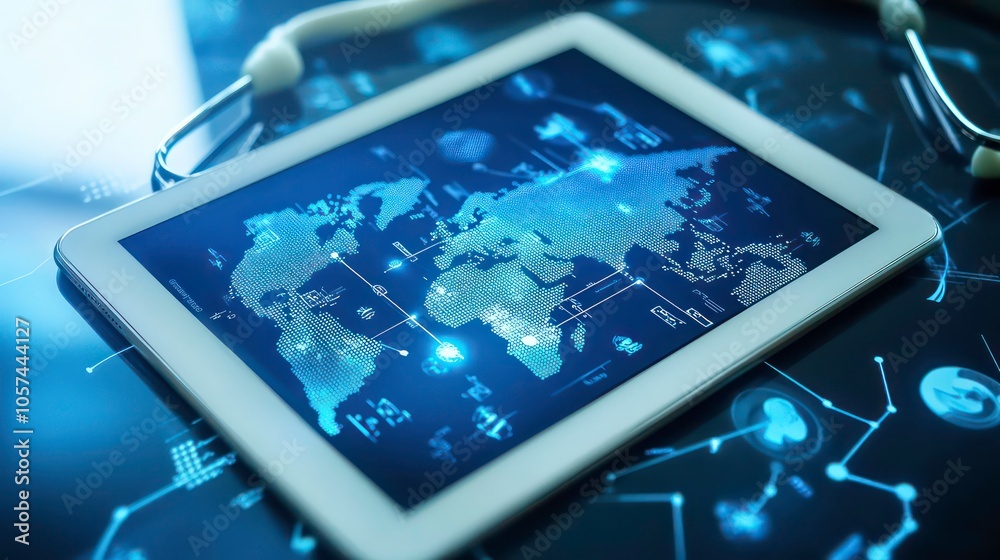 Poster A tablet displaying a digital world map amidst scientific data and a stethoscope.