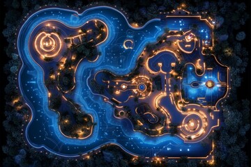 A realistic blueprint of an amusement park layout with rides, paths, and detailed themed sections, capturing the complexity of entertainment design, symbolizing creativity and planning