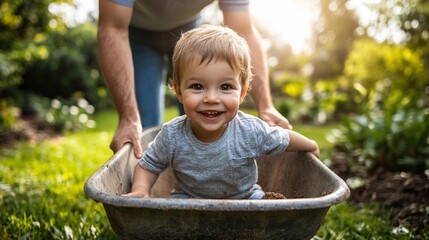 A young boy is enjoying a ride in a wheelbarrow. The boy is smiling and looking at the camera.
