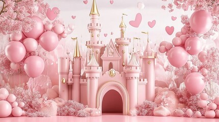 Enchanting 3D Pink Castle Backdrop for Cake Smash Princess Photoshoots