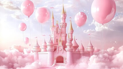 Enchanting 3D Pink Princess Castle Backdrop with Balloons and Clouds for Fairy Tale Photoshoot