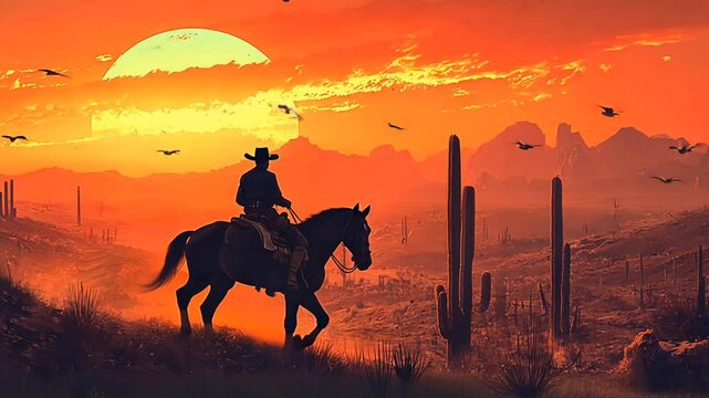 A lone cowboy rides through the desert at sunset.