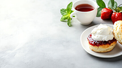 Delightful british tea setup featuring scone with jam and clotted cream perfect for afternoon indulgence