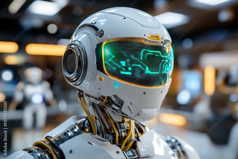 Poster blueprint of a futuristic detective agency with robotic assistants, advanced technology, and hologra