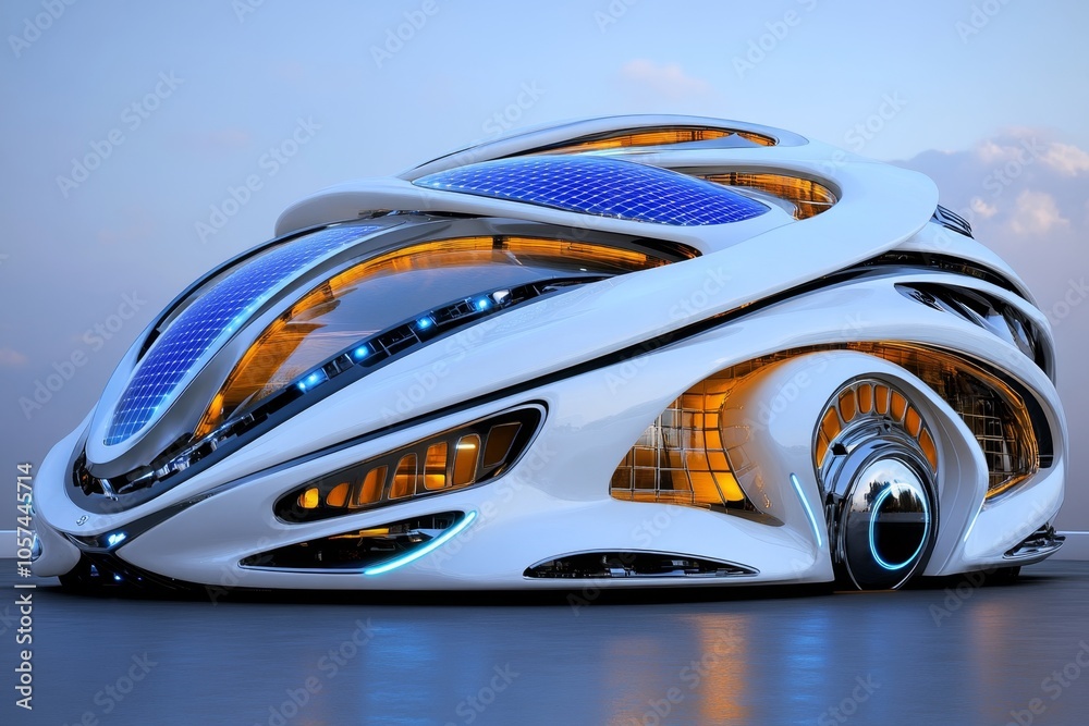 Poster Blueprint of a futuristic house with rotating floors, solar windows, and automated features, capturing the advanced design in architectural innovation, symbolizing future and adaptability