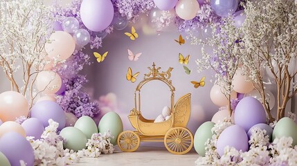 Enchanted Pastel Balloon Arch with Gold Butterflies and Easter Egg Prop