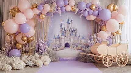 Whimsical Cake Smash Photoshoot with Balloon Arch, Vintage Carriage, and Easter Egg Prop