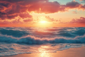 Fototapeta premium Twilight horizon above the shoreline with ocean swells - artistic backdrop. Celebrating the splendor of summer. Crafted in three-dimensional imagery