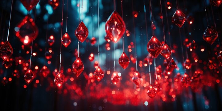 A cascade of glowing red teardrop shapes suspended from a dark ceiling, creating a captivating display of abstract beauty.