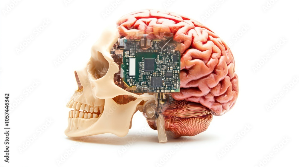 Aufkleber a skull with a brain and circuit board, symbolizing the intersection of biology and technology.