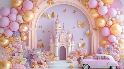 Enchanted Easter Party with Balloon Arch and Golden Carriage Prop