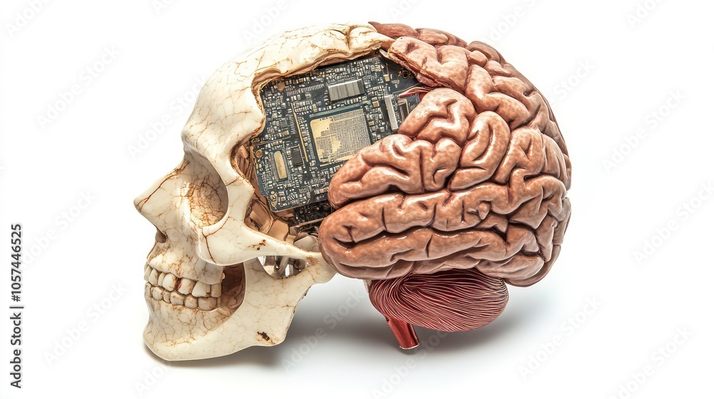 Aufkleber a skull with a brain and circuit board, symbolizing the intersection of biology and technology.
