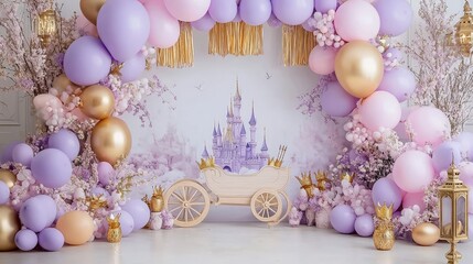 Enchanting Cakesmash Celebration with Balloon Arch, Flowers, and Golden Carriage Prop